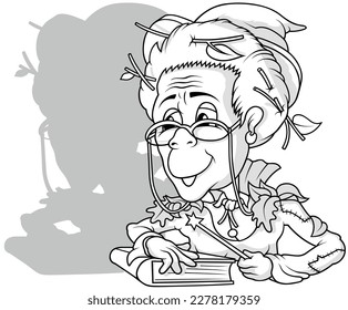 Dibujo de una bruja forestal lee un libro de hélices - ilustración de dibujos aislados en fondo blanco, vector