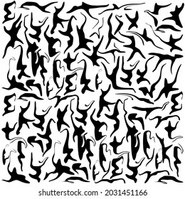 Drawing in the form of abstract black spots on a white background. Textiles. Decor. Fashion. Trend.