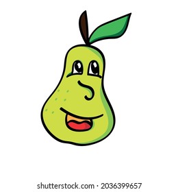 Drawing in the form of a cheerful pear on a transparent background. Fruit.