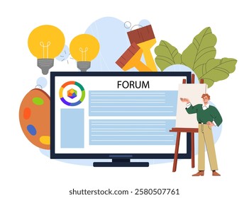 Drawing forum online. Man with canvas near computer monitor. Graphic designer and digital artist. Creativity and art. Studio or workplace. Flat vector illustration