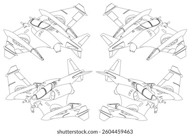 A drawing of four Combat airplanes in a row. The planes are all same sizes and shapes. The drawing is in black and white. Isometric view