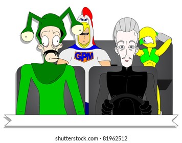 Drawing of four costumed characters