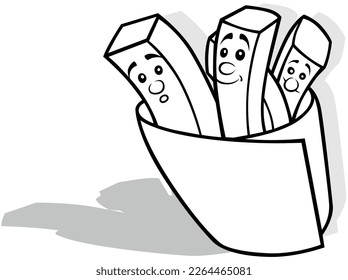 Drawing of a Four French Fries in a Paper Napkin - Cartoon Illustration Isolated on White Background, Vector
