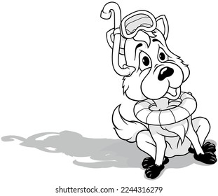 Drawing of a Fox Sitting on the Ground with Diving Equipment and a Swimming Ring - Cartoon Illustration Isolated on White Background, Vector