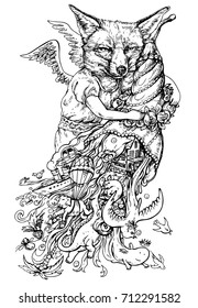 Drawing of a fox in the style of zentangle for colouring book - vector illustration, isolated on white