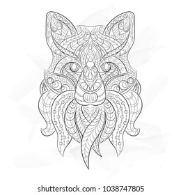 Drawing fox zentangle style on the grunge background for coloring book, tattoo, t-shirt design, logo, sign, bag, postcard, poster. Stylized illustration of patterned fox . Vector illustration. Eps10