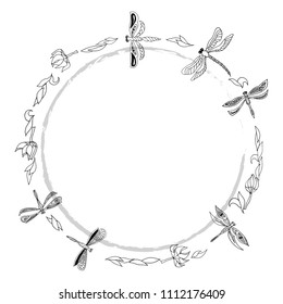 drawing a frame of dragonflies , hand-drawn vector illustration