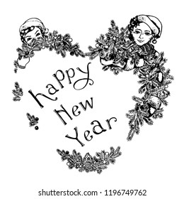 drawing of frame with santa clauses , a hand-drawn vector illustration
