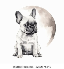 A drawing of a french bulldog sitting in front of the moon