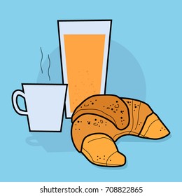 Drawing of a french style breakfast with croissant, coffee and orange juice in pastel color and cartoon style.