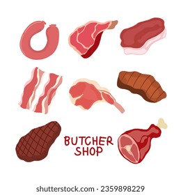 Drawing of fresh raw meat, pork, beef, lamb and sausage for butcher shop decoration, bbq grill bar sticker, restaurant logo and icon, menu, recipe, social media post, poster, banner, print, etc.