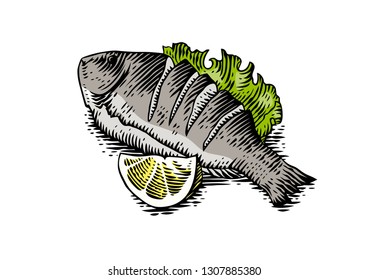 Drawing of fried fish with lettuce leaf and lemon