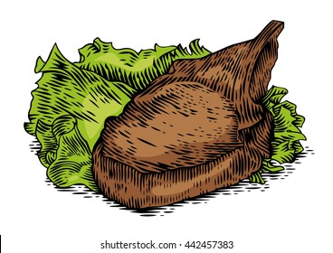 Drawing of fried pork cutlet on the green fresh lettuce