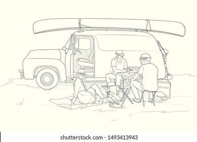 drawing of friends who had a picnic in a retro car