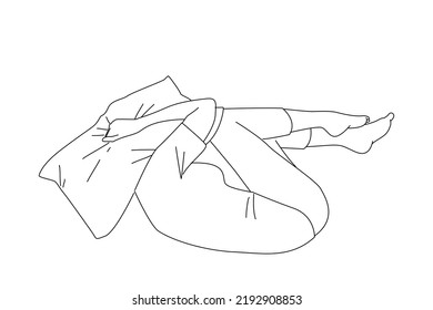 Drawing frightened depressed woman lying alone bed in fetal position covering head and pillow  Outline drawing style art
