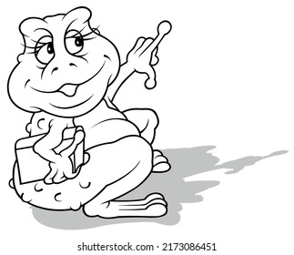 Dibujo de una rana con un libro en su armpit y apuntando su dedo - Ilustración de caricatura aislada en fondo blanco, vector