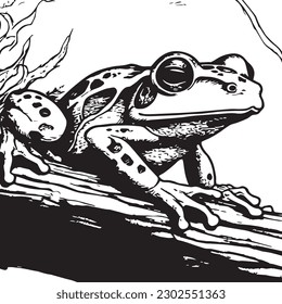 A drawing frog sitting branch wood isolated white background