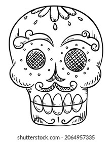 Drawing in frontal view of smiling skull with moustache, decorated with traditional Mexican Day of the Dead pattern.