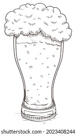 Drawing of frothy beer served in a weizen glass vase in hand drawn style, over white background.