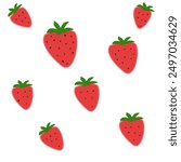 Drawing of a fruit called strawberry  There are both large and small fruits. There are many. Red fruits and green leaves on a white background look beautiful.