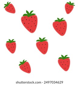 Drawing of a fruit called strawberry  There are both large and small fruits. There are many. Red fruits and green leaves on a white background look beautiful.