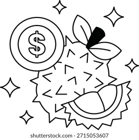Eine Zeichnung einer Frucht mit einem Dollarzeichen und einem Dollarschein. Die Zeichnung hat eine spielerische und lustige Stimmung