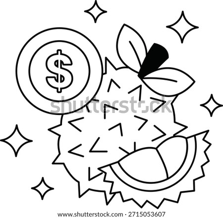 A drawing of a fruit with a dollar sign and a dollar bill. The drawing has a playful and fun mood