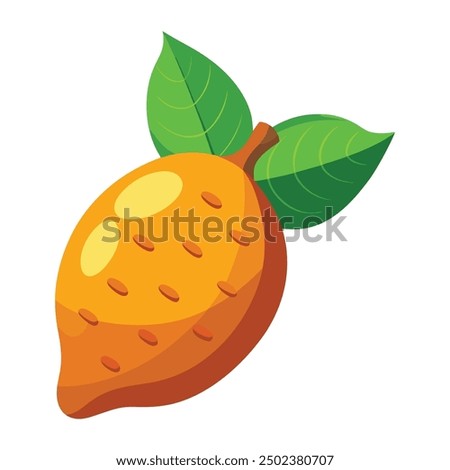 a drawing of a fruit with a green leaf and a brown spot on it.