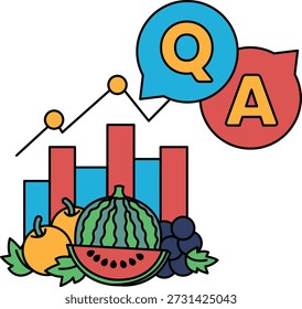 A drawing of a fruit salad with a question mark and an A above it. The drawing is of a fruit salad with a watermelon, apples, and grapes