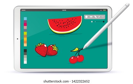 Drawing Fruits with Tablet PC and Pen Vector Illustration
