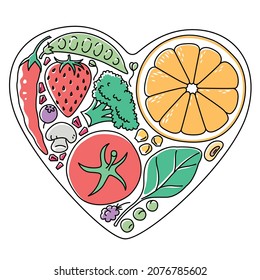 Drawing of fruits and vegetables together in the shape of a heart, food illustration on a white background