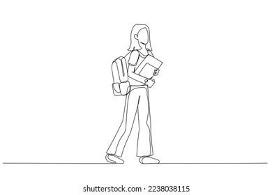 Dibujo de una chica estudiante con vista lateral completa sostiene libros de mochila caminando. Estilo de la línea continua única
