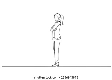 Drawing of full length side view of a confident businesswoman standing with folded hands. Continuous line art style
