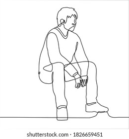 drawing of a full-length man sitting with his legs wide apart and leaning on them with his elbows. one line drawing resting guy sitting on an invisible chair 