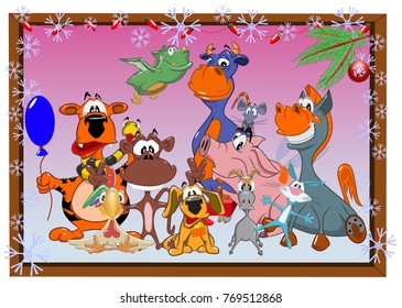 Drawing of funny animals on the years of the Chinese calendar, vector illustration.