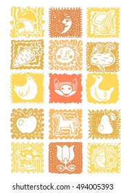 drawing funny animals, plants, month, sun, moon, mushroom, vegetables, carrots, beets, chicken, goose, fox, horse, apple, pear, flower