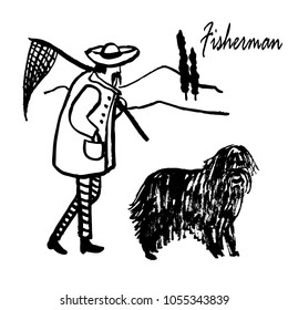 drawing of a funny cartoon comic picture full of an old man an Italian fisherman with a mustache goes home with his dog, a sketch, a hand-drawn vector illustration