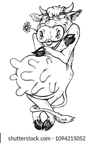 Drawing of a funny cow - vector illustration, isolated on white