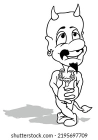 Drawing of a Funny Devil with Crossed Legs - Cartoon Illustration Isolated on White Background, Vector