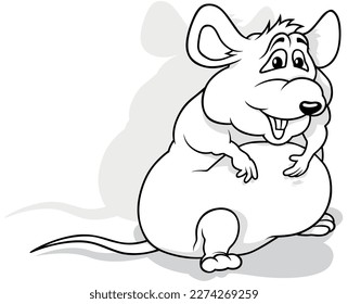 Drawing of a Funny Fat Mouse Sitting on the Ground - Cartoon Illustration Isolated on White Background, Vector