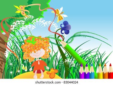 Drawing funny girl among the thick green grass