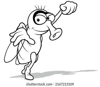 Drawing of a Funny Housefly with a Raised Fist - Cartoon Illustration Isolated on White Background, Vector