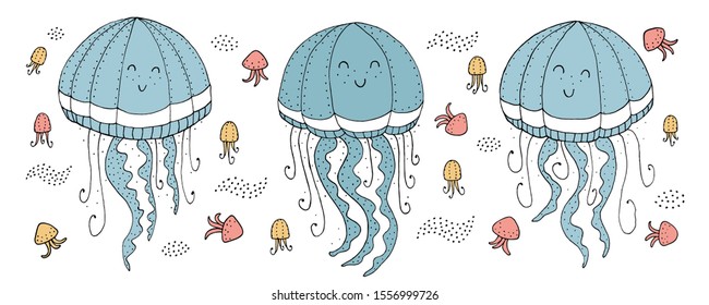 Drawing - funny jellyfishes and hand drawn elements. Eps10 vector line-art illustration.