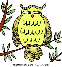 Drawing with a funny owl that sit on a branch isolated on white background. Doodle style. Design for card, poster, postcard, shirt. Vector stock illustration.