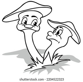 Drawing of a Funny Pair of Mushrooms - Cartoon Illustration Isolated on White Background, Vector