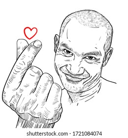 Drawing funny portrait of Asian guy showing mini heart of hand sign with small rea heart. vector illustration.