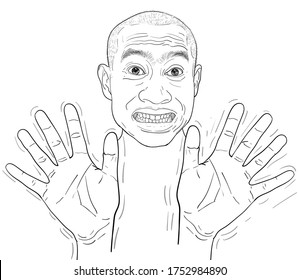 Drawing funny portrait of a man, denial, farcical expressions of Asian guy. vector illustration.