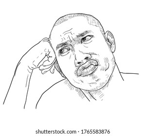 Drawing funny portrait of a man, wondering and thinking facial expressions and pose. Vector illustration.