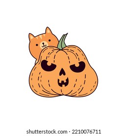 Drawing of a funny pumpkin with a red cat. Pumpkin drawing for t-shirt design, decor.