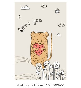 Drawing - funny rat, heart and hand drawn elements. Eps10 vector line-art illustration.